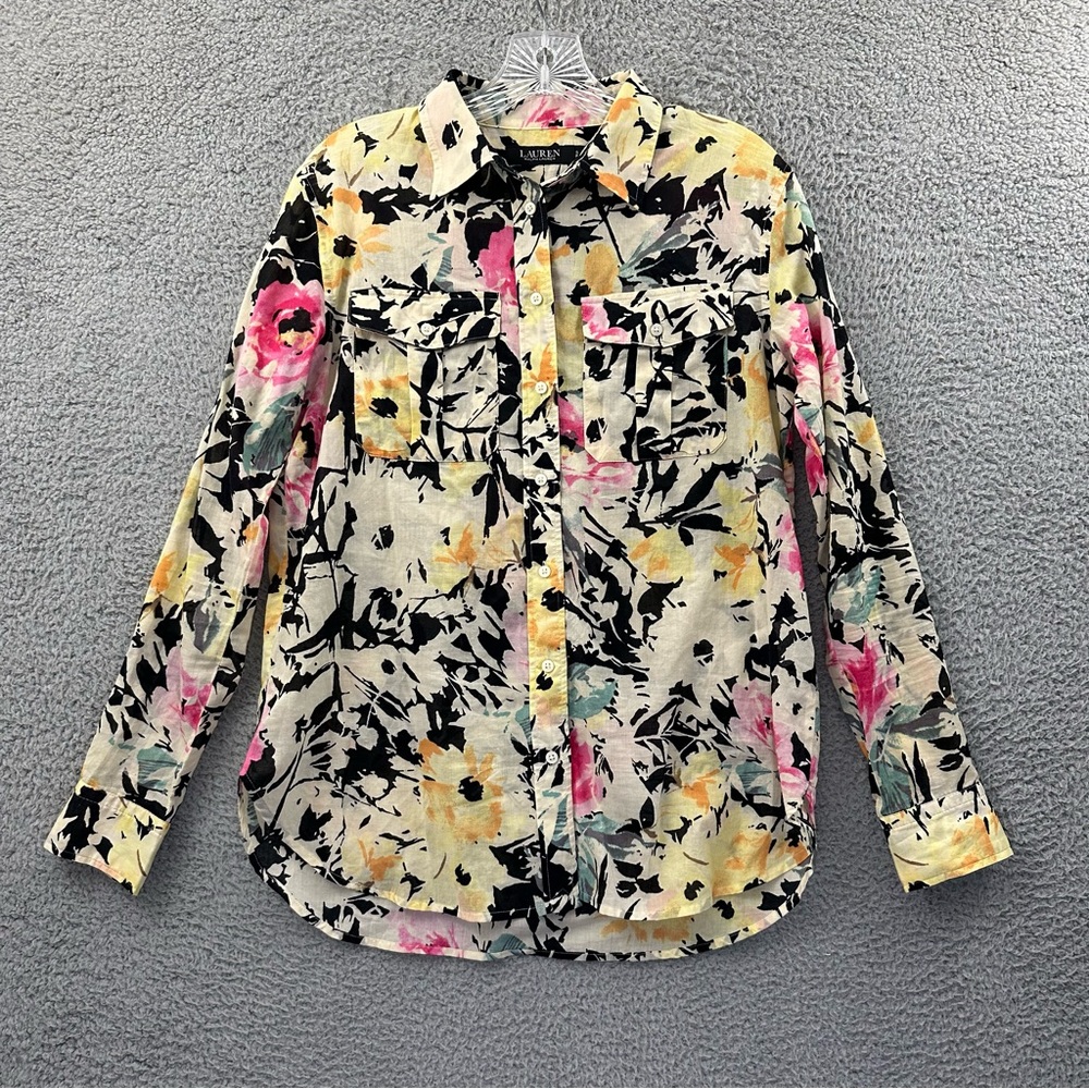 Lauren Ralph Lauren Black Label Button Up Floral Top Abstract Preppy Cotton W S